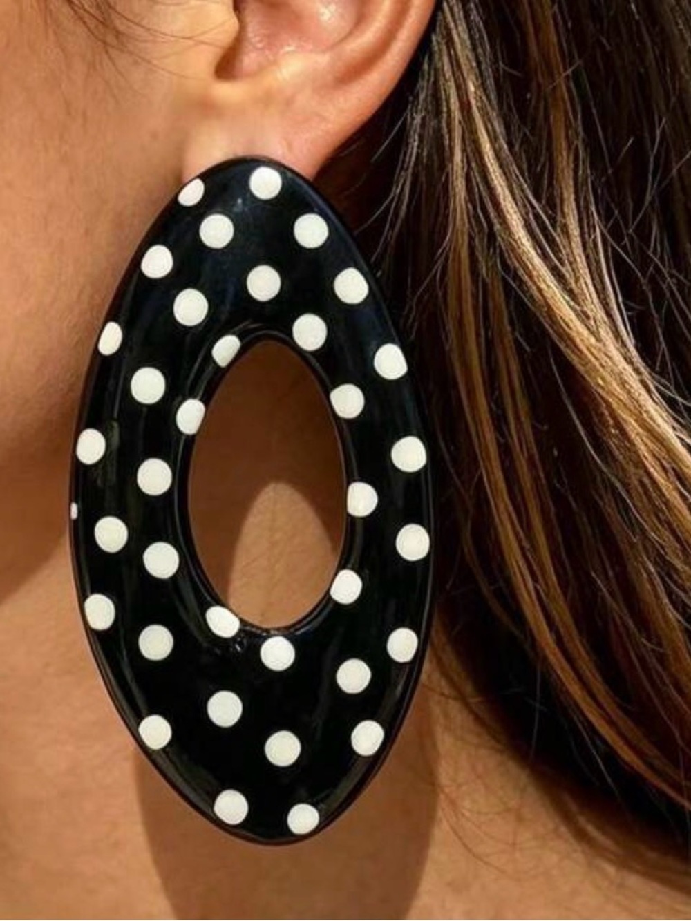 Black and White Polka Dot Oval Drop Earrings - Women Jewelry